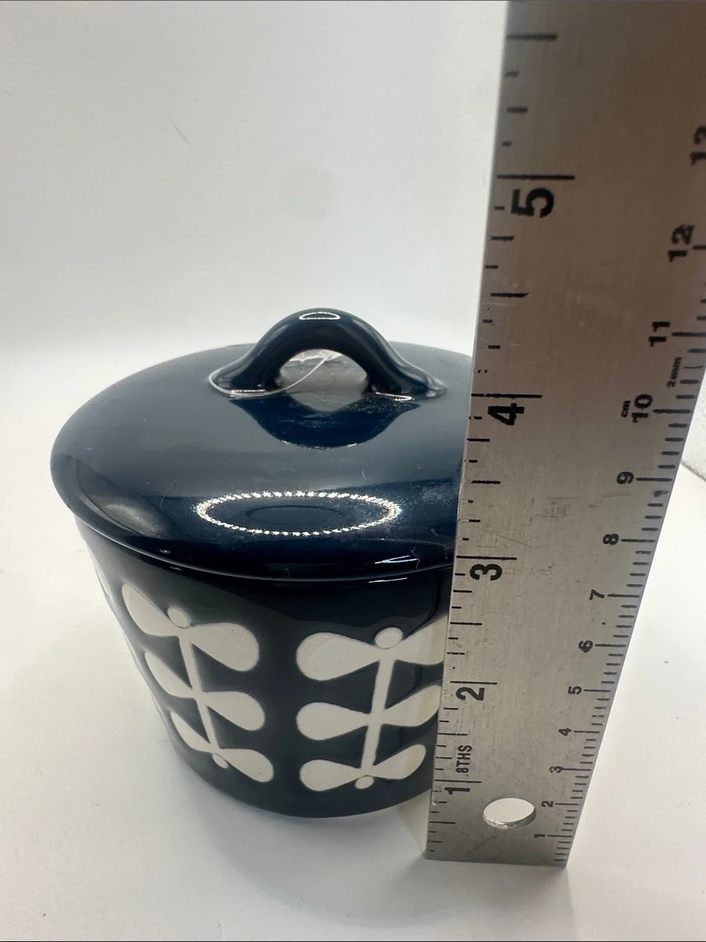 Blue and White Ceramic Lidded Canister with Modern Leaf Motif
